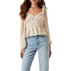 ASTR The Label Cream Long Sleeve Peplum Blouse XL V-Neck Ruffle Trim Boho Top